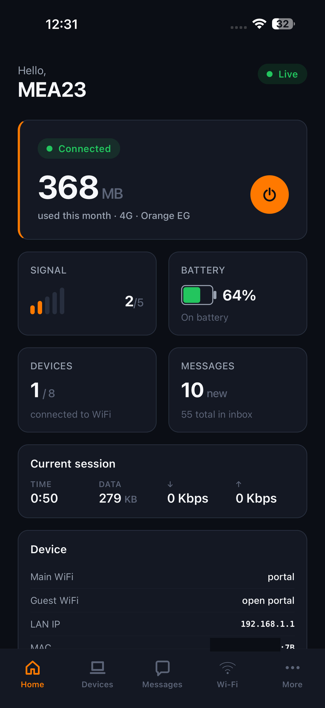 Live data, signal, battery and devices