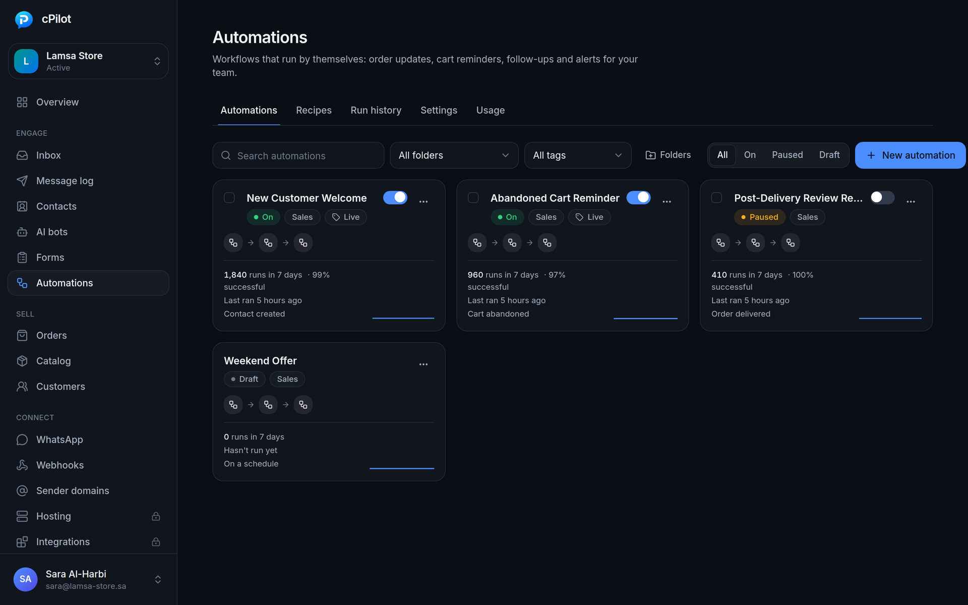 Automations: cart reminders, welcome flows, follow-ups