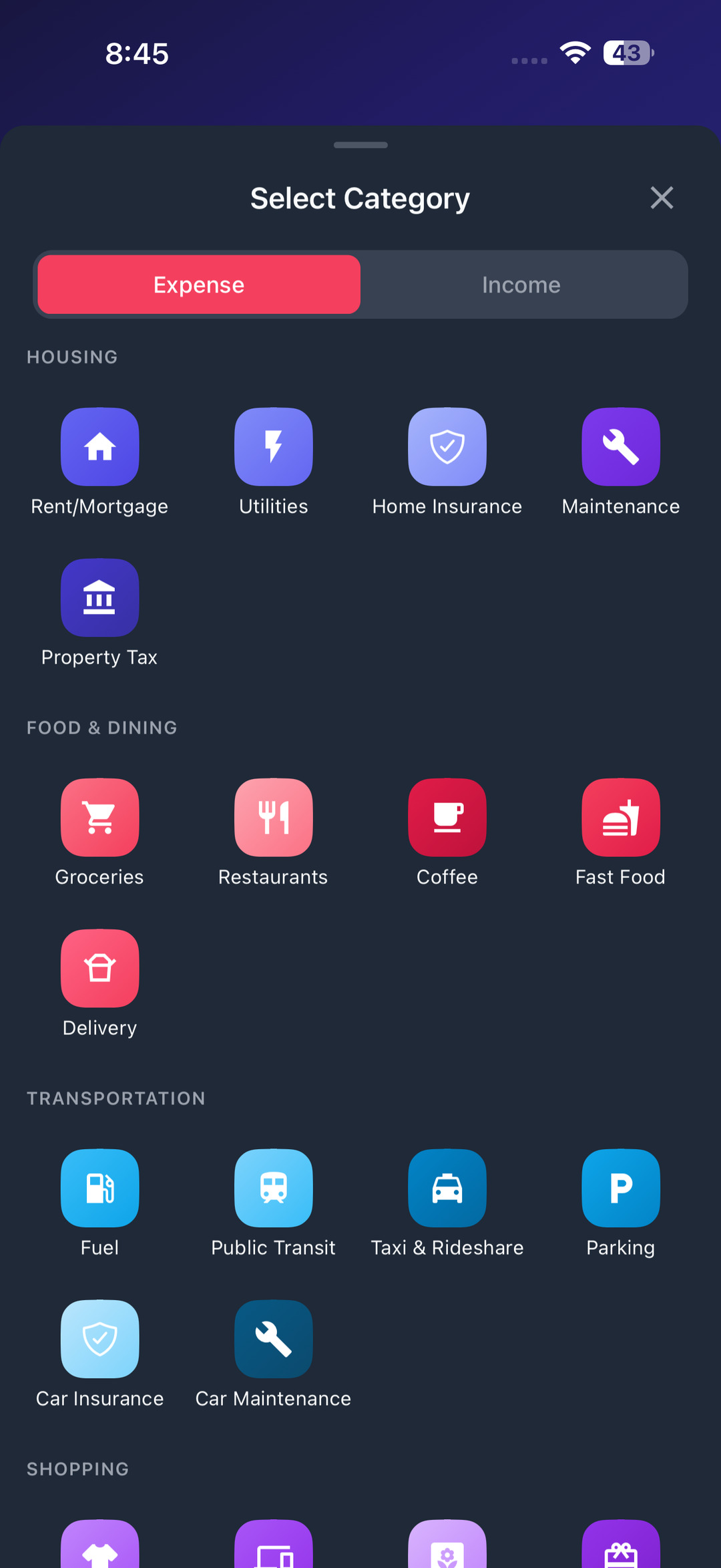 Categories with their own icons