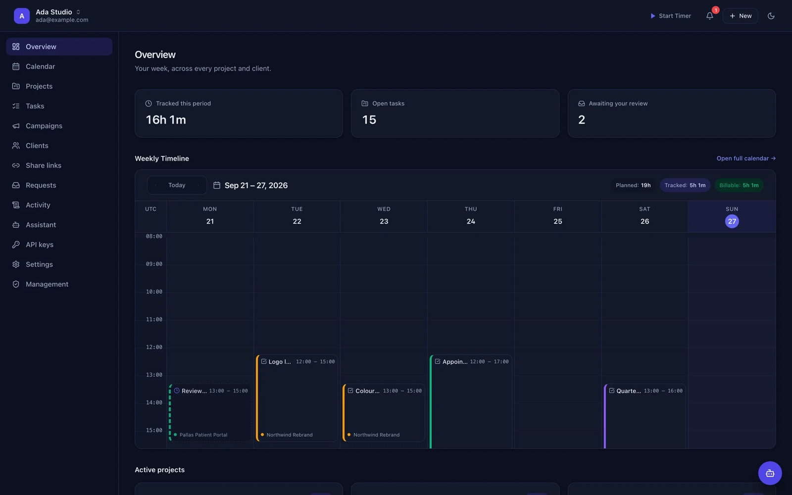 Weekly timeline across every project and client